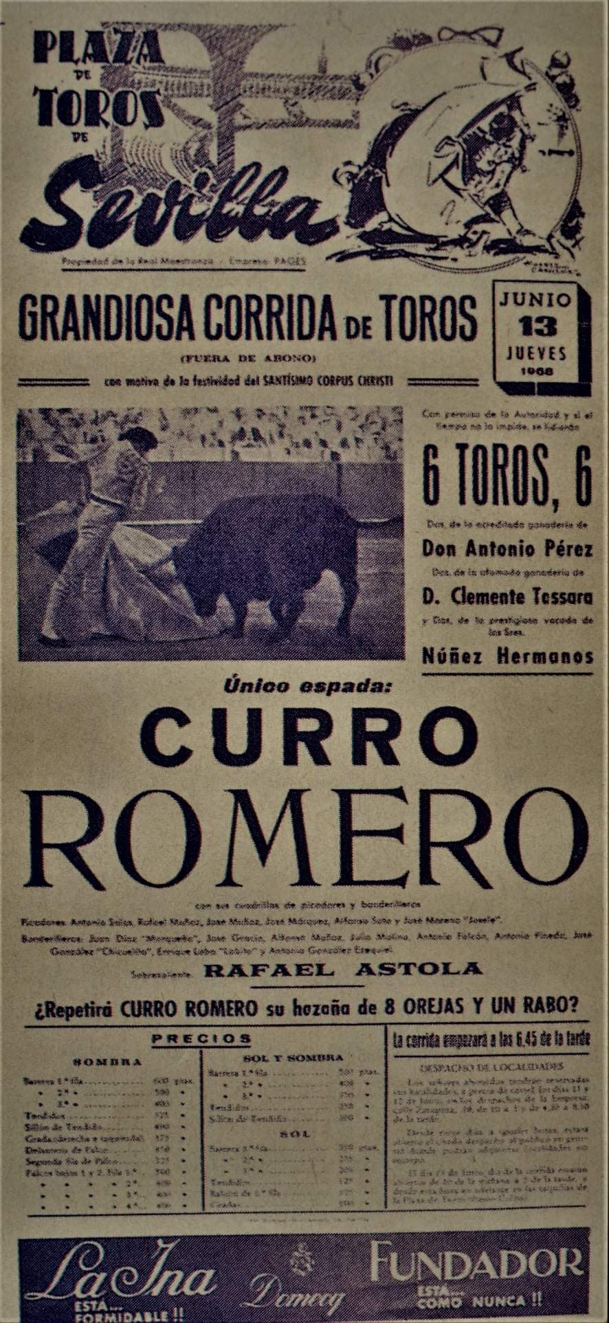 Sevilla 1966:Curro Romero en solitario con toros de AP, Tassara y Núñez Hnos.
