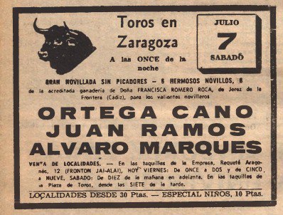 ZARAGOZA1973,NOVILLADA SIN PICADORES:Ortega Cano, Juan Ramos y Álvaro Marqués