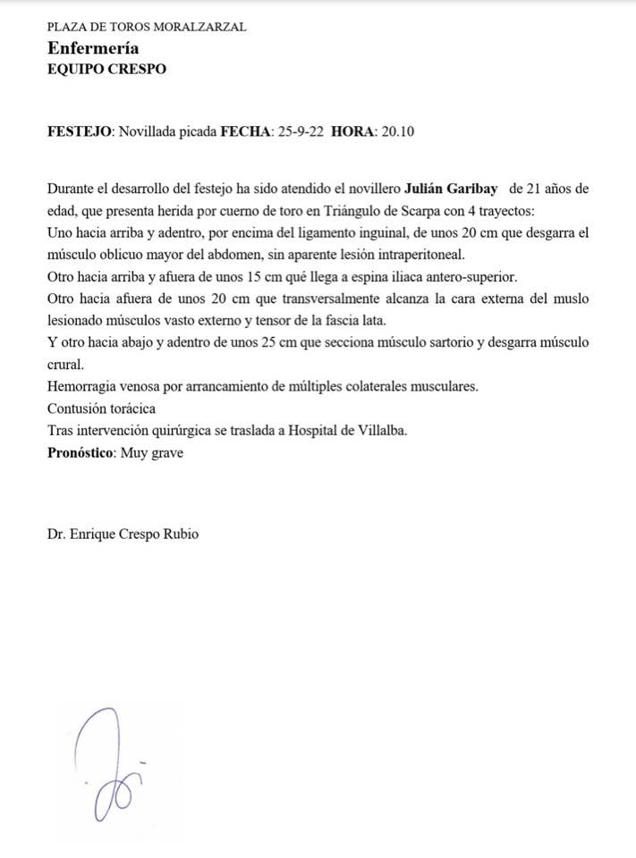 GRAVE CORNADA DE JULIÁN GARIBAY:PARTE MÉDICO