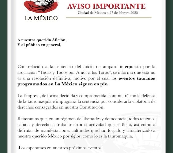 La empresa de la Monumental México, responde: ¡Sí habrá festejos taurinos!