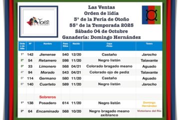 Orden de lidia de los toros de Domingo Hernández para la 3ª de la Feria de Otoño de Las Ventas (Música, Fotos y Vídeo)