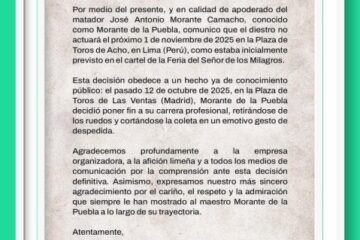 Morante retirado, no estará en Lima, según el comunicado emitido