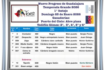Orden de lidia de los toros -1º Puerto del Cielo- cinco de Teófilo Gómez para la 1ª de Guadalajara 2026