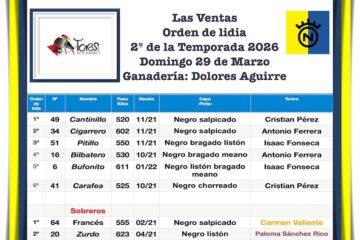 Orden de lidia de los toros de Dolores Aguirre para la 2ª de la temporada de Las Ventas 2026 (Música, Fotos)