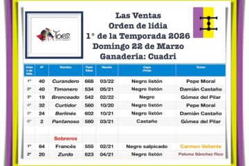 Orden de lidia de los toros de Cuadri para la 1ª de la temporada de Las Ventas 2026 (Música, Fotos y Vídeo)